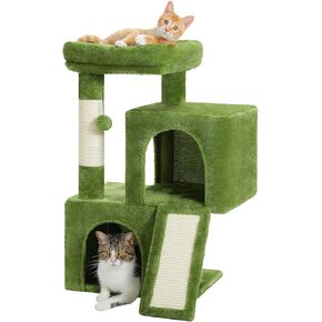 PAWZ Road Cat Tree, 30 Inches Cat Tower with Dual Condos for Indoor Cats, All-in-One Cat House with Padded Perch, Scratching Ramp and Posts and Replaceable Balls-Beige