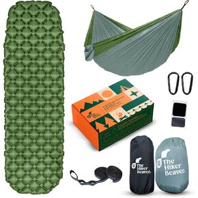 Portable Hammock & Inflatable Sleeping Pad Set - Lightweight Kit & Hiking Travel-Friendly - Durable Outdoor Camping Essentials - Includes Carabiner Clips, Straps, & Repair Patches