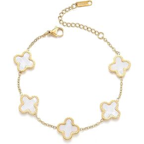 18K Gold Plated Four Leaf Clover Bracelet for Women Girl White/Black Lucky Link Clover Bracelets,Unique Jewelry Gifts Trendy for Women Teen Girls, Christmas Valentine's Mother's Day Gifts (White)
