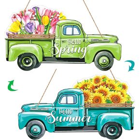 WaaHome Reversible Hello Spring Sign and Sunflower Summer Wreath for Front Door Decor Farmhouse Spring Summer Door Decorations for Home Truck Spring Summer Welcome Door Sign Hanger