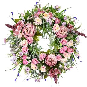 Peony Spring Summer Wreath for Front Door 20inch, TechKen Handmade Articial Blooming Peony Succulent Wreath for Indoor Outdoor Wall Window Decorations Door Wreath