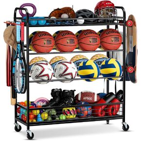 Garage Sports Equipment Organizer - Rolling Ball Storage Bin with Wheels, Garage Sports Gear Rack Outdoor Basketball Racks for Balls with Baseball Bat Holder and Hooks, Toy Organizer