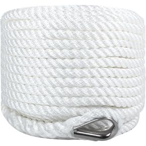 Boat Anchor Rope 1/2 Inch x 50 Feet 3 Strand Twisted Anchor Line Premium Braided Polypropylene Anchor Rope for Yacht, Sailboat, Boat, Docking, Mooring - White