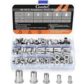 80PCS Stainless Steel Rivet Nut Set, Camtek 304 Stainless Steel Rivet Nut Flat Head Threaded Rivet nut Insert Nutsert Assortment Kit -5 Sizes(8-32 UNC,10-24 UNC,1/4-20 UNC,5/16''-18 UNC,3/8''-16 UNC)