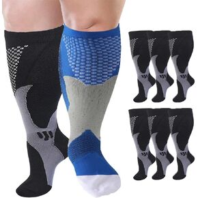 6 Pairs Plus Size Compression Socks Wide Calf for Men Women 20-30mmhg for Running Travel Flight Teachers