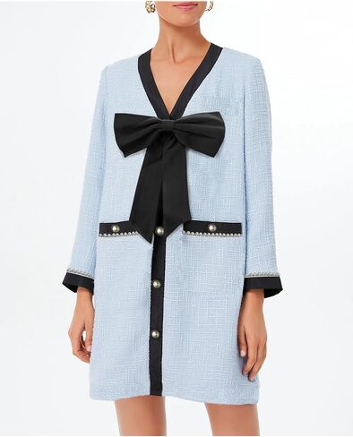 Women's Tweed Bow Mini Dress Long Sleeve V Neck Button Down Dress Elegant Business Work Dress Blue in Saudi Arabia