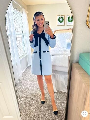 Women's Tweed Bow Mini Dress Long Sleeve V Neck Button Down Dress Elegant Business Work Dress Blue in Saudi Arabia