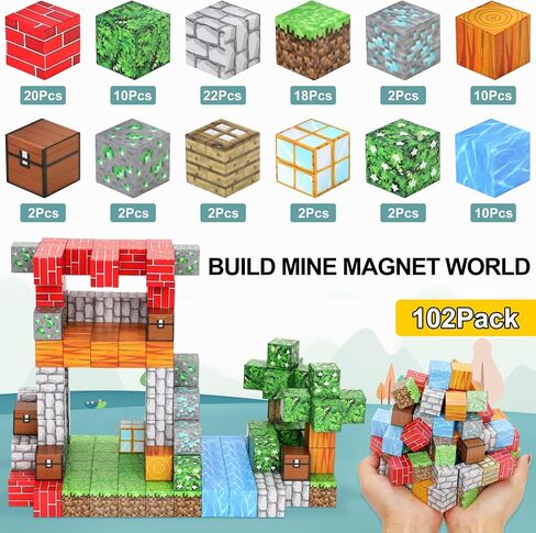 102PCS Magnetic Blocks World Set for Kids - Pixel Magnet Building Blocks Toys for Kids Age 3+, Miner Forest Education Sensory Games - Birthday Gift for Boys Girls in Saudi Arabia