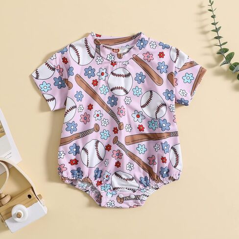 Baby Boy Girl Baseball Bubble Romper Little Slugger Baseball Print Oversized Bodysuit Short Sleeve Summer Clothes in Saudi Arabia