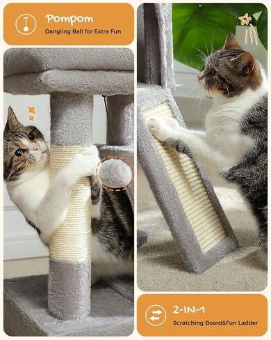 PAWZ Road 34 بوصة برج قطة متعدد المستويات على شكل شجرة قط مع شقق مزدوجة، جثم واسع، عمود سيزال ملفوف بالكامل وكرات متدلية قابلة للاستبدال، رمادي in Kuwait