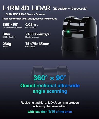 youyeetoo L1 4D 3D LiDAR Scanner, 360 Degree, 30 Meters Scanning Radius, ROS SLAM LIDAR Sensor, for AGV Robot Navigation and Obstacle Avoidance (L1PM (20M)) in Kuwait