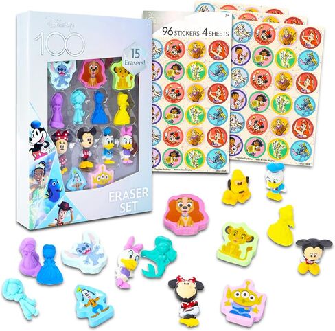 Disney Erasers for Kids Set - Bundle with 15 Disney Character Erasers Featuring Mickey, Minnie, Simba, Stitch, and More Plus Disney 100 Stickers | Disney 100 Art Set for Boys, Girls in Saudi Arabia