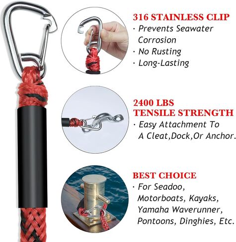 4FT قسط قارب بنجي قفص الاتهام خطوط جت سكي الملحقات مع البحرية الصف 316 مشبك الفولاذ المقاوم للصدأ رسو بأمان لجت سكي، SeaDoo، ياماها WaveRunner، كاياك، قارب عائم، زورق 4 ~ 5.5ft الأحمر in Kuwait