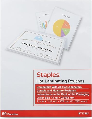 Staples Letter Size Thermal Laminating Pouches, 3 mil, 50 Pack in Kuwait
