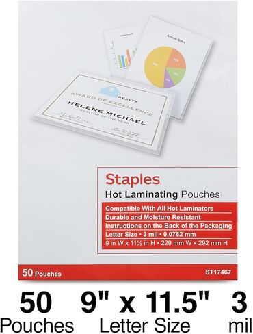 Staples Letter Size Thermal Laminating Pouches, 3 mil, 50 Pack in Kuwait