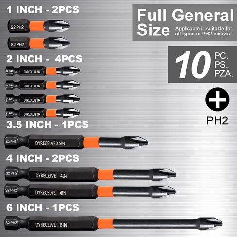 DYRECELVE 10-Piece Phillips Bits #2 Impact, 2-Inch Screwdriver Bits Set | Magnetic PH2 Phillips Head Drill Bits, S2 Steel, 1/4" Hex Shank for Impact Drivers and Drills, Furniture Assembly and Repair in Saudi Arabia