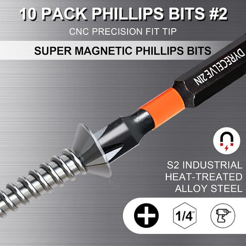DYRECELVE 10-Piece Phillips Bits #2 Impact, 2-Inch Screwdriver Bits Set | Magnetic PH2 Phillips Head Drill Bits, S2 Steel, 1/4" Hex Shank for Impact Drivers and Drills, Furniture Assembly and Repair in Saudi Arabia