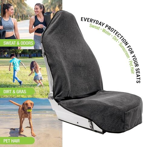 Terry Cloth Sweat Towel Seat Cover; Carseat Towel Protector; Waterproof; Universal Fit for Car SUV Van Truck; EZ fit; Non Slip Grip; Machine Washable; Great for Gym Workout; 1pc Black in Kuwait