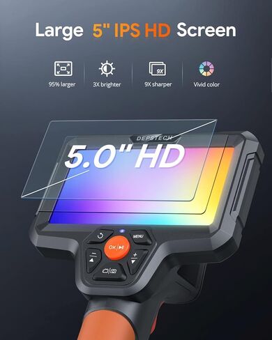 DEPSTECH 5.0MP عدسة مزدوجة، كاميرا منظار IPS مقاس 5 بوصات مع ضوء، كاميرا فحص فيديو صناعية، كاميرا ثعبان معقوفة بطول 10 أقدام، أداة كاميرا نطاق مقاومة للماء للجدار والأنابيب والسيارات in Kuwait