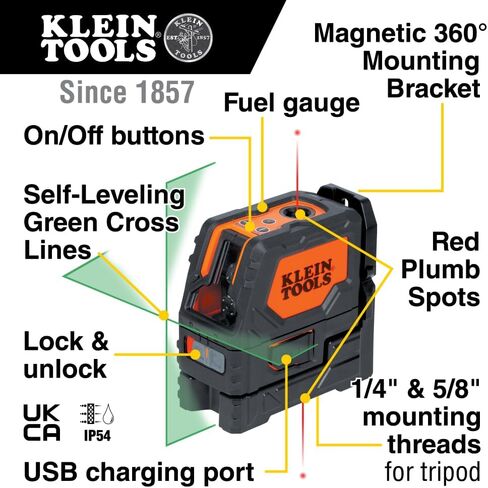Klein Tools 93LCLGR Self-Leveling Laser Level, Rechargeable, Cross-Line Level with Bright Green Lines, Red Plumb, Magnetic Mounting Clamp in Saudi Arabia
