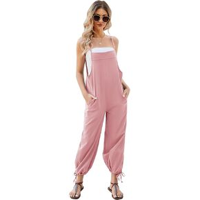 Flygo Women's Fashion Cotton Linen Overalls Loose Fit Sleeveless Straps Wide Leg Baggy Jumpsuit Rompers(LightBlue-M) in Kuwait