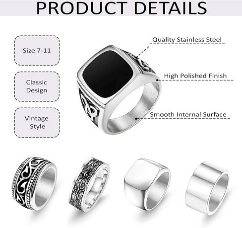 9 Pcs Men's Stainless Steel Vintage Signet Ring Set: Square, Pinky, Thumb, Chunky, Thin Band, Cuban Link, Biker Rings for Men in Saudi Arabia