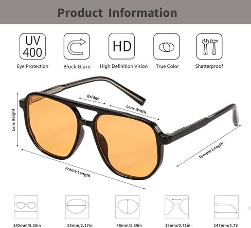Retro Aviator Sunglasses for Women & Men Lightweight Square Shade UV400 Protection Unisex Sun Glasses Frame in Kuwait