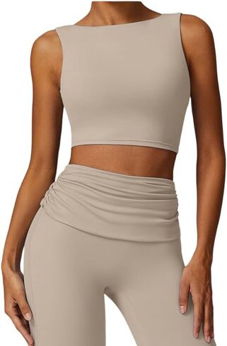 Workout Sets for Women - Seamless Flare Leggings, Wide Leg Fold Over Yoga Pants, Backless Crop Bra in Saudi Arabia