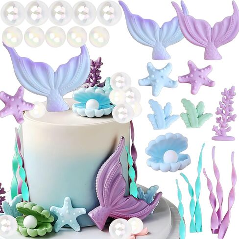 Mermaid Cake Toppers, Tyotrbs Mermaid Cake Decorations Under the Sea Party Decor Seashell Fish Cake Accessories for Summer and Ocean Birthday Party Decorations in Kuwait