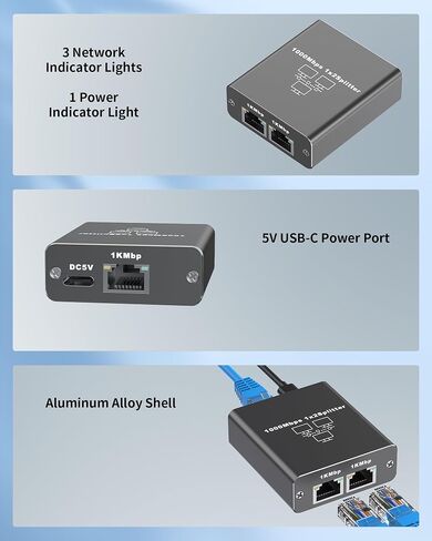 Gigabit Ethernet Splitter من 1 إلى 3 ، فاصل LAN من الألومنيوم 1000 ميغابت في الثانية RJ45 شبكة مفتاح Ethernet مع كابل الطاقة USB C لـ CAT5/5E/6/7/8 in Saudi Arabia