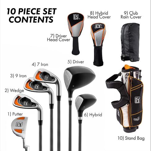 PGA TOUR Youth Golf Club Set for Ages 8-12 (4’8"-5’2") and 12+ (5’2"+), Right and Left-Handed Kids Golf Sets – Beginner Junior Golf Clubs with Lightweight Stand Bag, Mallet Putter, Hybrid, Driver in Kuwait
