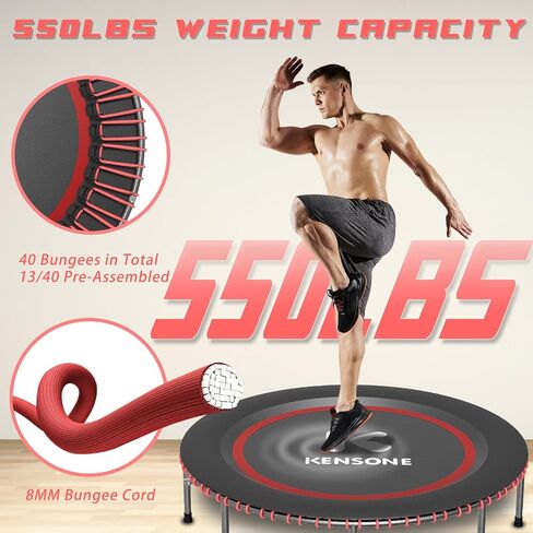 40/48" Low-Impact Rebounder Trampoline for Adults with Bungee, 450/550LBS Quiet Mini Exercise Trampoline with Adjustable U/T-Shaped Foam Handle Bar, Fitness Equipment for Indoor/Gym Workout in Kuwait