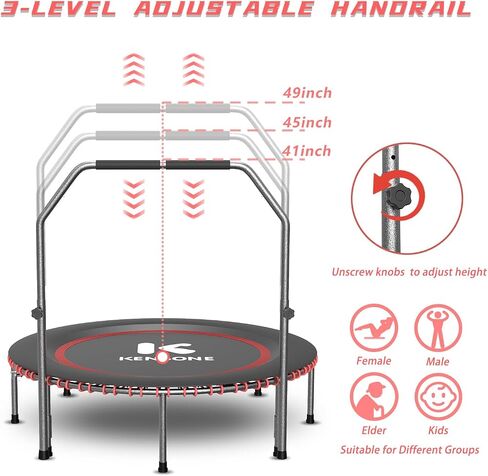 40/48" Low-Impact Rebounder Trampoline for Adults with Bungee, 450/550LBS Quiet Mini Exercise Trampoline with Adjustable U/T-Shaped Foam Handle Bar, Fitness Equipment for Indoor/Gym Workout in Kuwait
