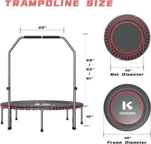 40/48" Low-Impact Rebounder Trampoline for Adults with Bungee, 450/550LBS Quiet Mini Exercise Trampoline with Adjustable U/T-Shaped Foam Handle Bar, Fitness Equipment for Indoor/Gym Workout in Kuwait