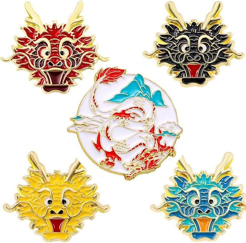 4pcs Chinese Dragon Enamel Lapel Pin Set, Dragon ChineseZodiac Style Traditional Design Red Yellow Pink Blue Green in Saudi Arabia