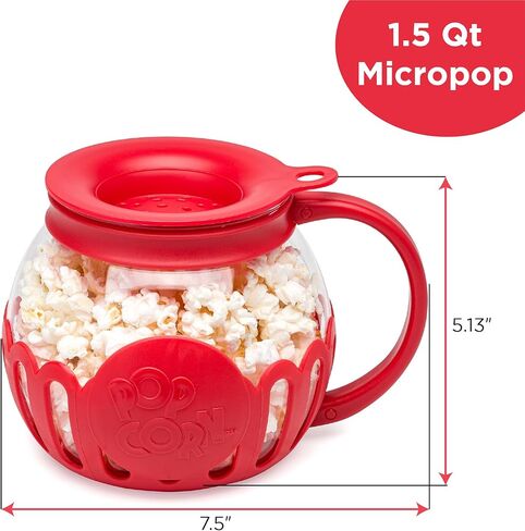براءة اختراع Ecolution Micro-Pop Micro-Pop Popcorn Popcorn مع زجاج آمن لدرجة الحرارة، غطاء 3 في 1 يقيس النواة ويذوب الزبدة، مصنوع بدون BPA، آمن للاستخدام في غسالة الأطباق، 3 كوارت، أحمر in Kuwait