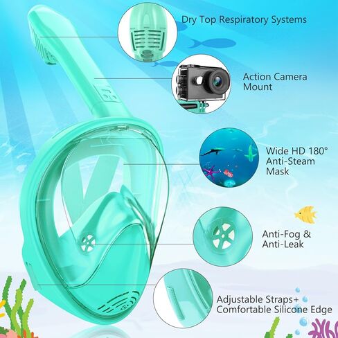 Kids Snorkel Mask Full Face, Snorkeling Gear for Kids 2-14 with Camera Mount, 180 Degree Panoramic View Snorkeling Set Anti-Fog Anti-Leak in Kuwait