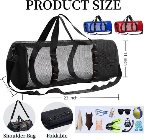 Diving Scuba Surfing Snorkeling Dive Mesh Beach Bag Duffle Bags with Zipper and Adjustable Shoulder Strap for Travel Fitness Camping Swim Gym Gears Balls 23" x 11" in Saudi Arabia