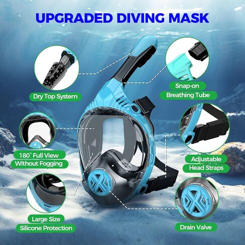 Full Face Snorkel Mask for Adults, Snorkeling Gear for Kids, Anti-Fog & Anti-Leak Design with 180° Panoramic View, Dry Top Breathing System, Ideal for Scuba Diving, Snorkeling in Saudi Arabia