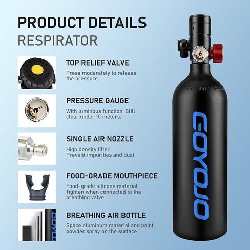 GOYOJO 1L Mini Scuba Tank with Mask – DOT Certified Portable Diving Air Tank, 3000 PSI Max Pressure, Pony Bottle Underwater Breathing Device for Snorkeling & Scuba Diving in Saudi Arabia