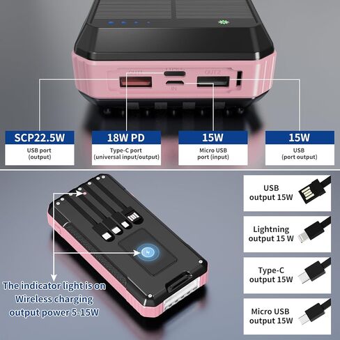 Solar Charger Power Bank 66800mAh Built in Hand Crank and 4 Cables 22.5W Fast Charging PowerBank 6 Outputs & 4 Inputs SOS/Strobe/Strong Camping Flashlights, Compass Solar Portable Charger in Saudi Arabia