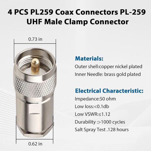 2 Pack PL259 Coax Connectors 50 Ohm PL-259 UHF Male Clamp Connector for LMR400 KMR400 RG8 RG8U RG213 Coaxial Cable in Saudi Arabia
