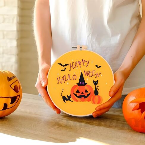 Chenflying 1 Set Embroidery Starter Kit with Halloween Pattern, Cross Stitch Kit for Beginners Adults, Living Room DIY Decorations Craft Gifts (Beige) in Kuwait