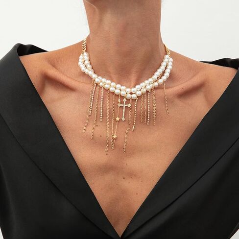 Y2k Star Choker Necklace for Women,Chunky Silver Star Layered Choker Long Chain Heart Pear Tassel Necklace Trendy Statement Necklace Jewelry in Saudi Arabia