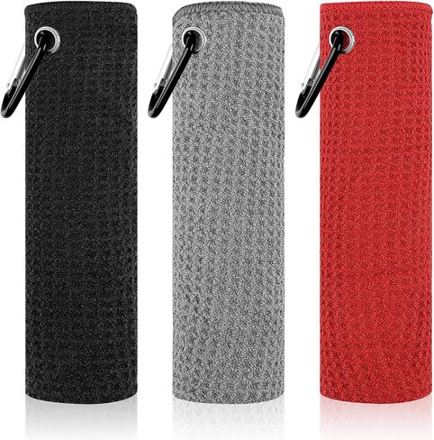 PEASUG 3 Pack Golf Towels (16" x 16"), Absorbent Waffle Pattern Golf Towel for Golf Bag, Tri-Fold Portable Microfiber Golf Towels for Men & Women with Carabiner Clip, Gray/Red/Black in Saudi Arabia
