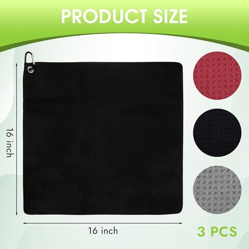 PEASUG 3 Pack Golf Towels (16" x 16"), Absorbent Waffle Pattern Golf Towel for Golf Bag, Tri-Fold Portable Microfiber Golf Towels for Men & Women with Carabiner Clip, Gray/Red/Black in Saudi Arabia