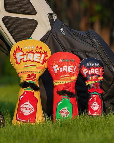 Golf Headcovers Golf Club Head Covers Chili Peppe - Mexico Style Premium Leather Driver Fairway(FW) Wood Hybrid(UT) with Number Tags Taco Fire Chili Sauce Pattern in Saudi Arabia