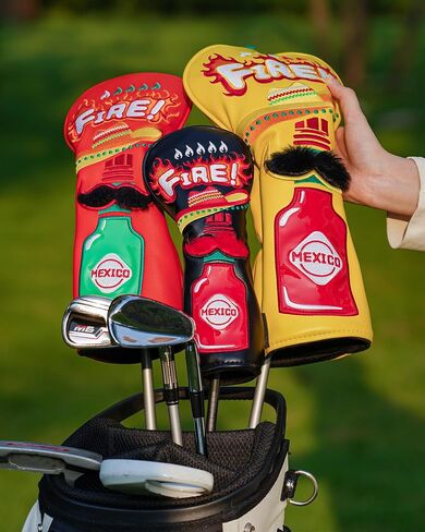 Golf Headcovers Golf Club Head Covers Chili Peppe - Mexico Style Premium Leather Driver Fairway(FW) Wood Hybrid(UT) with Number Tags Taco Fire Chili Sauce Pattern in Saudi Arabia