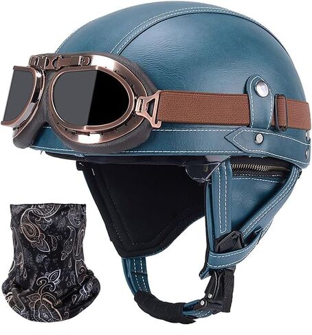 Vintage German Leather Motorcycle Half Helmet, DOT Approved Adult Men Women Half Face Motorcycle Helmets, with Goggles and Visor, for Bicycle Cruiser Scooter Chopper(Brown,M(57~58cm)) in Saudi Arabia