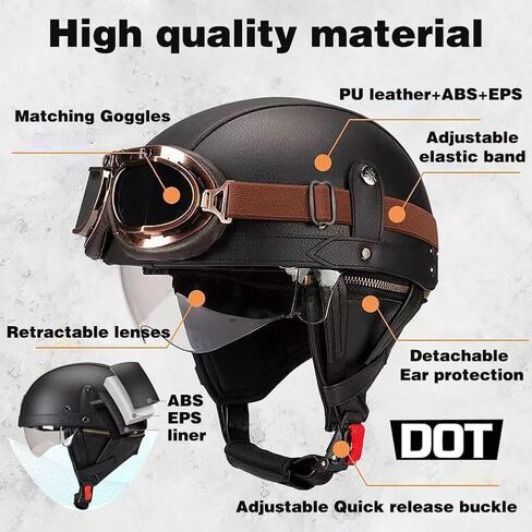 Vintage German Leather Motorcycle Half Helmet, DOT Approved Adult Men Women Half Face Motorcycle Helmets, with Goggles and Visor, for Bicycle Cruiser Scooter Chopper(Brown,M(57~58cm)) in Saudi Arabia